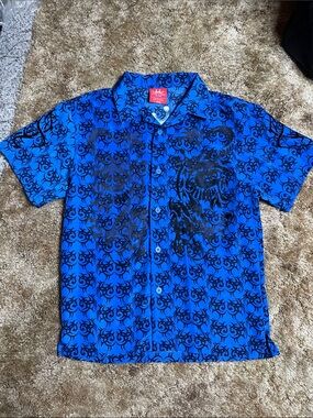 JNCO Y2K Vintage 2000s‎ Boys Youth Button Up Blue Short Sleeve Size Large 14/16